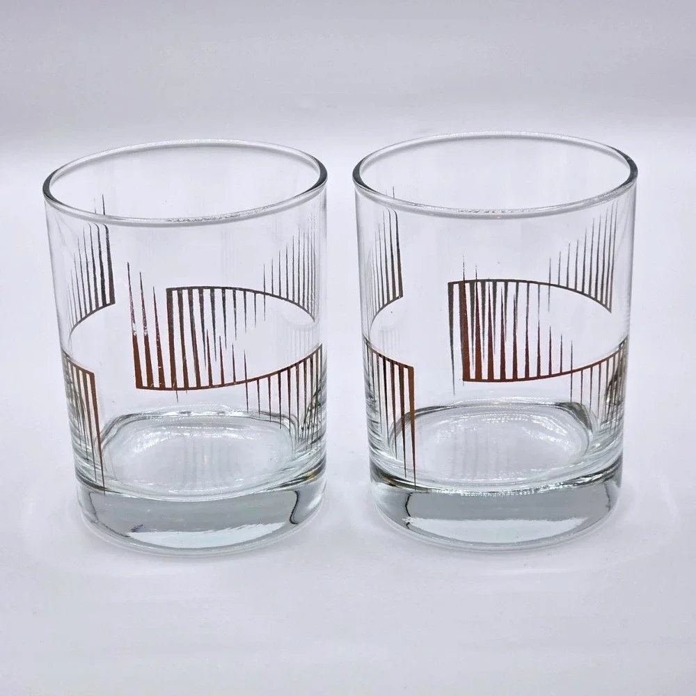 Vintage Set (2) Luminary Scala Old Fashioned Glasses Geometric Metallic Pattern